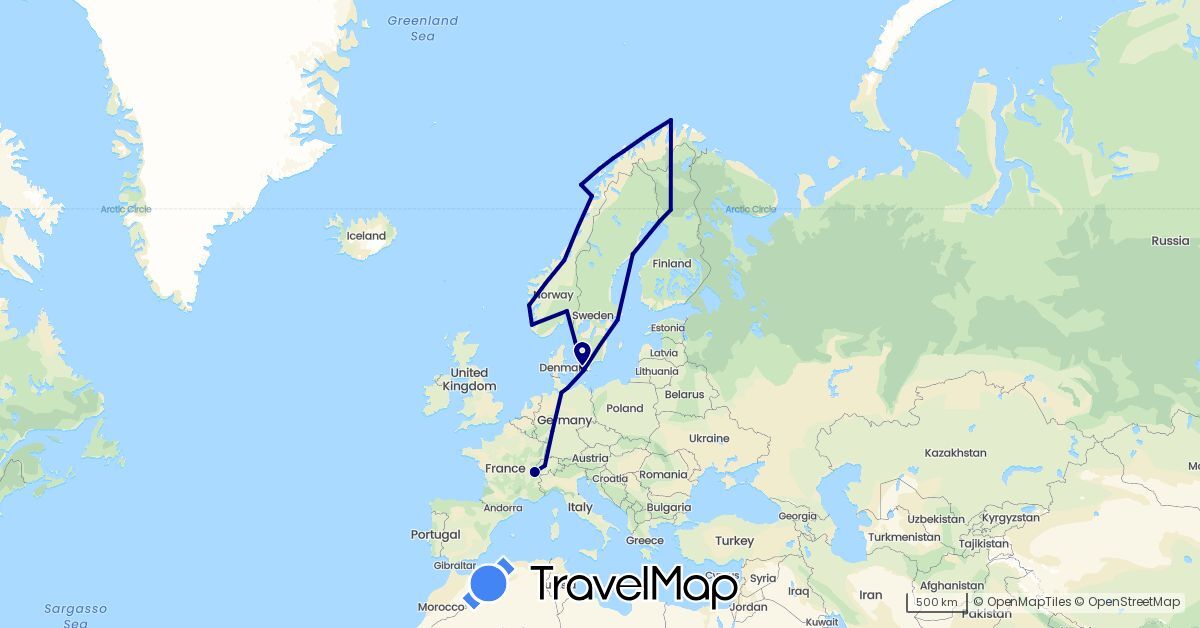 TravelMap itinerary: driving in Switzerland, Germany, Finland, Norway, Sweden (Europe)